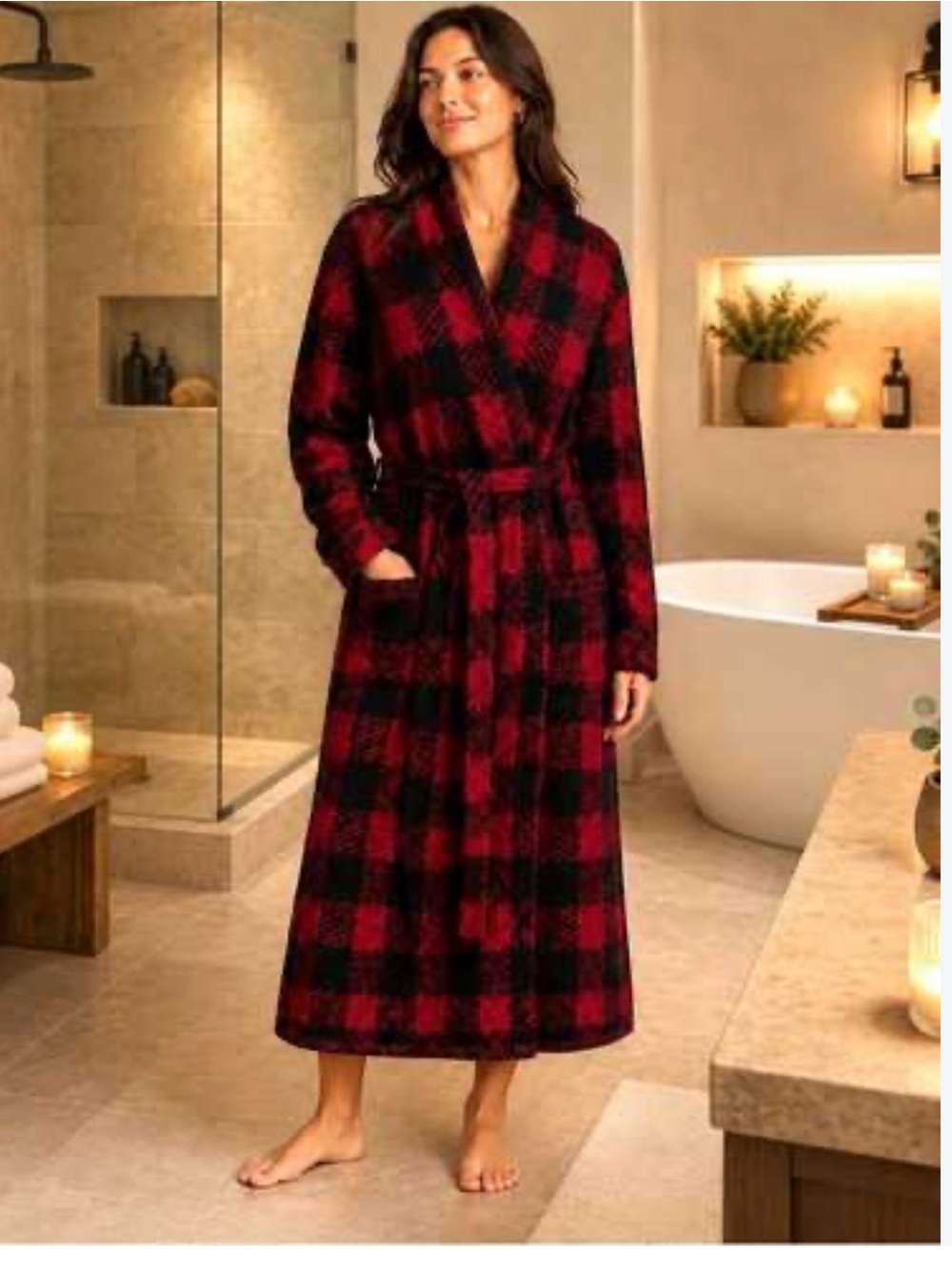 NWT SKIMS unisex long robe in buffalo red and black plaid